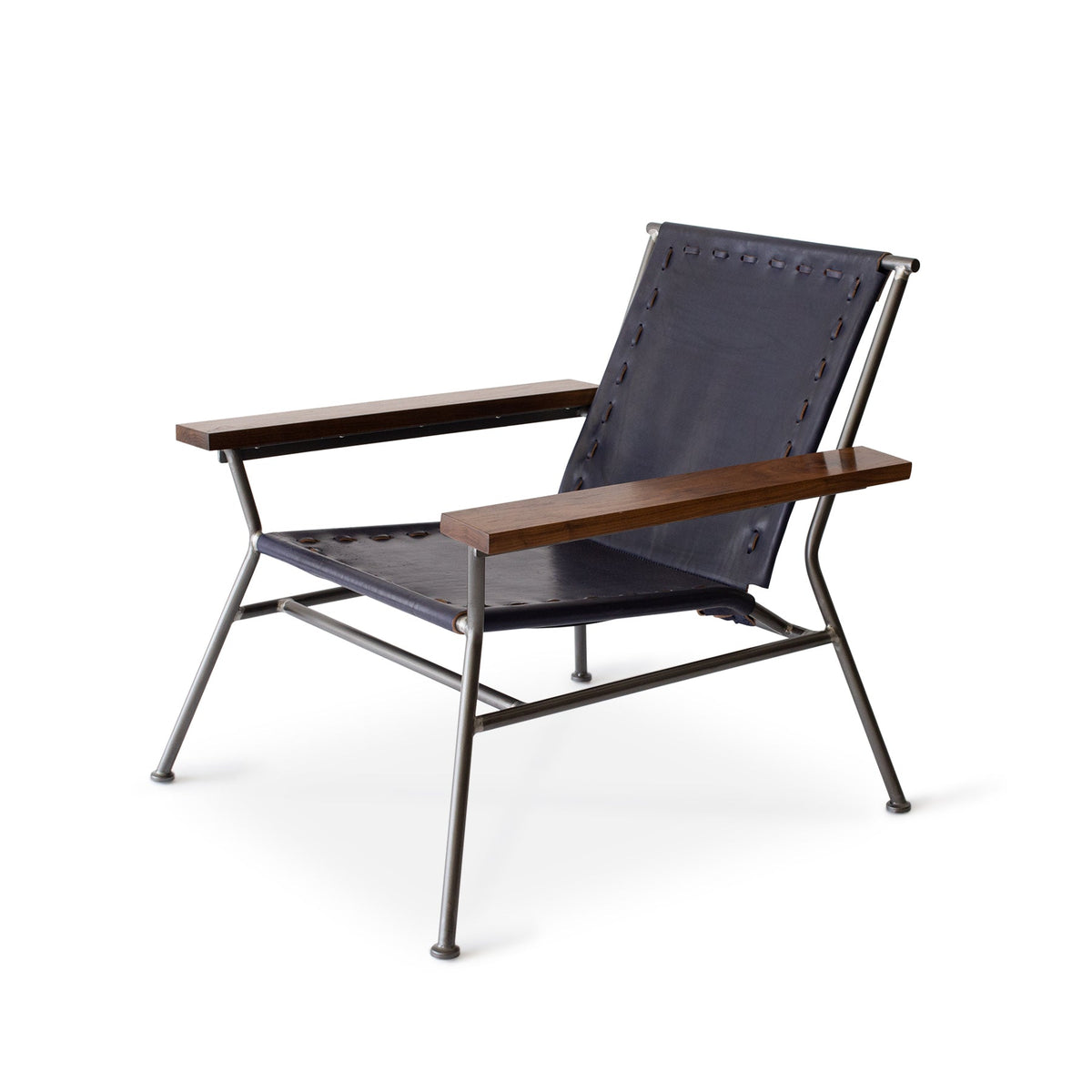 Saddle Leather Arm Chair in Blue with Natural Steel Base