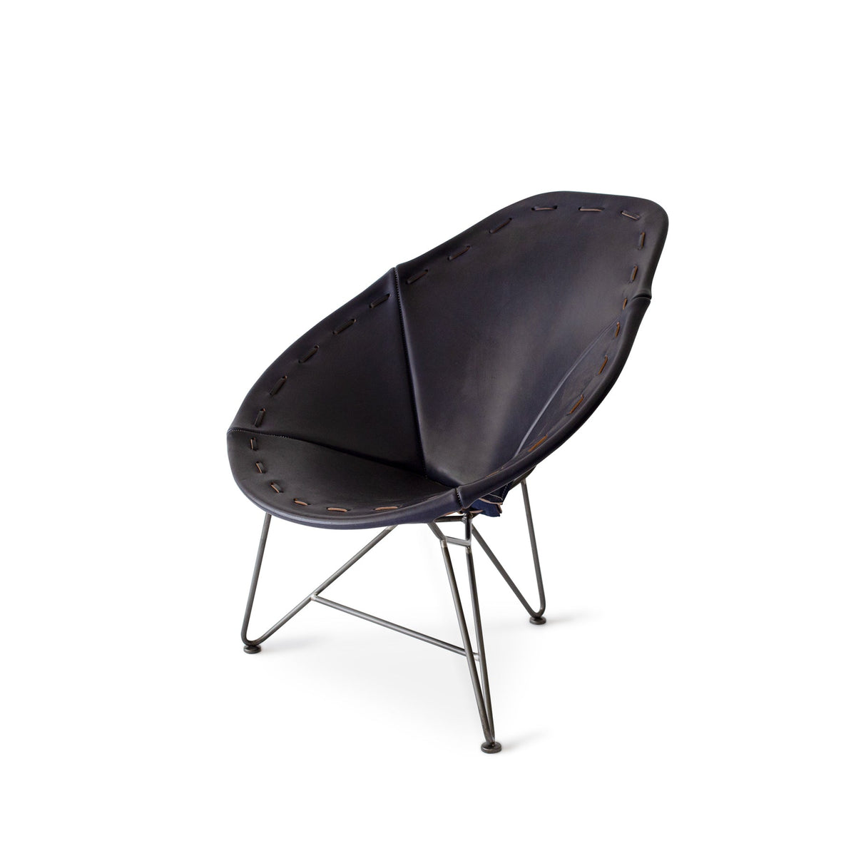 Saddle Leather Oval Chair in Blue with Natural Steel Base